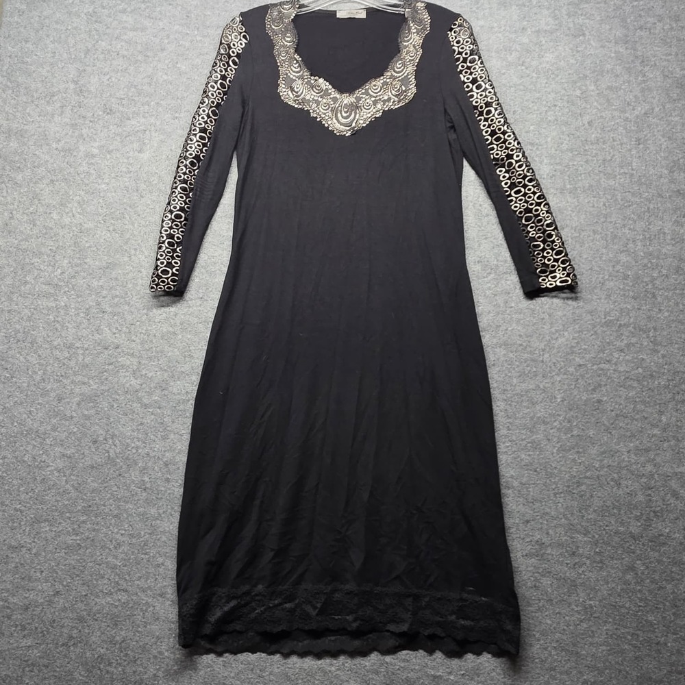 Eden Rose Paris Black Maxi Dress Embellished Neckline Long Sleeve 90% Viscose